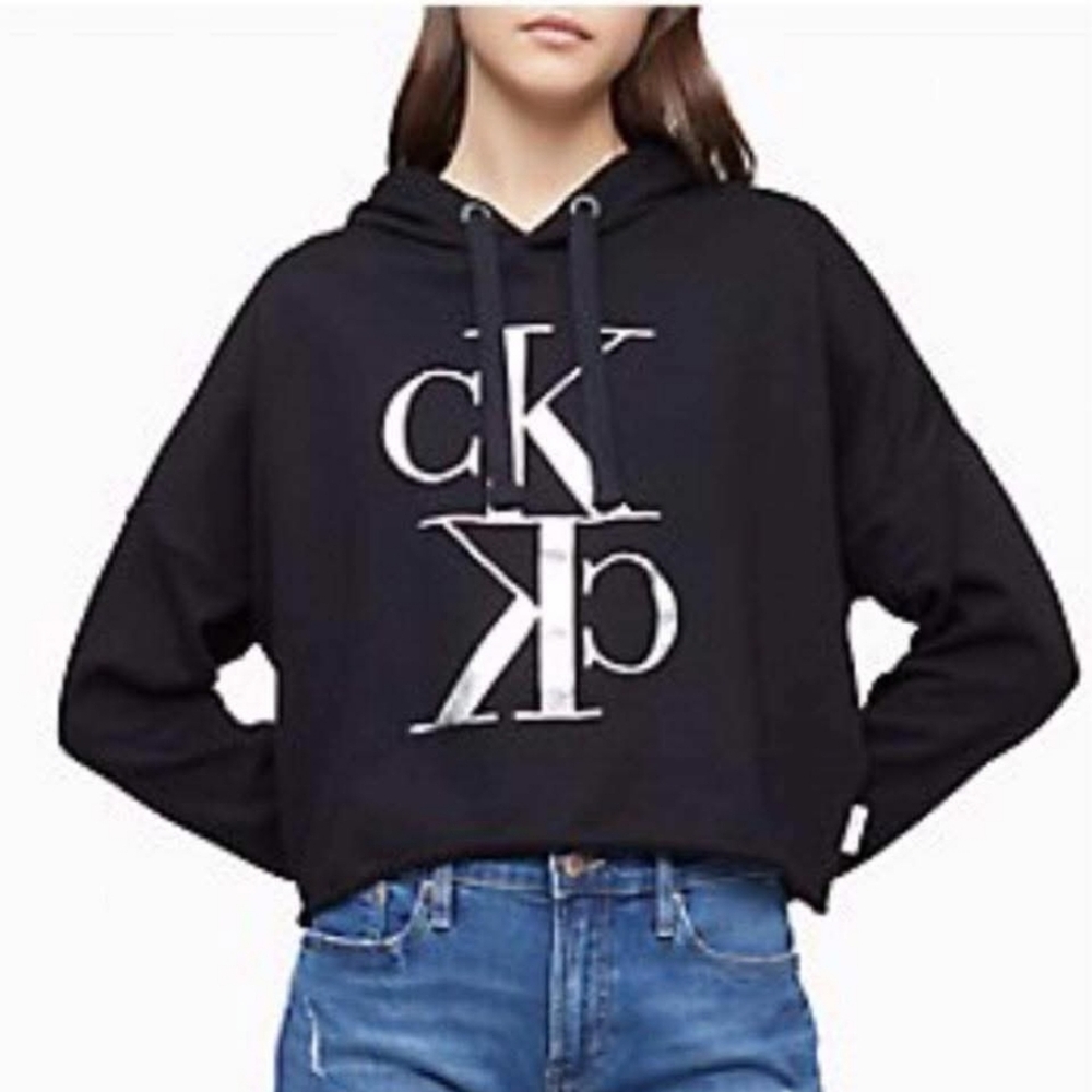 Calvin Klein Jeans Cropped Hoodie Black with Large CK Logo – Size S - Picture 9 of 9